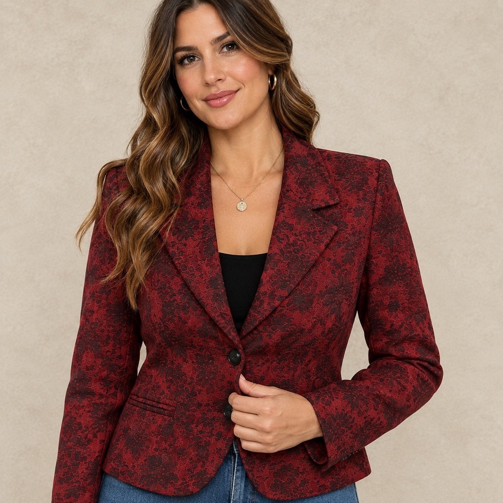 Shrunken Floral Brocade Blazer Maroon Black Fitted Y2K Judith Hart 14 Victorian